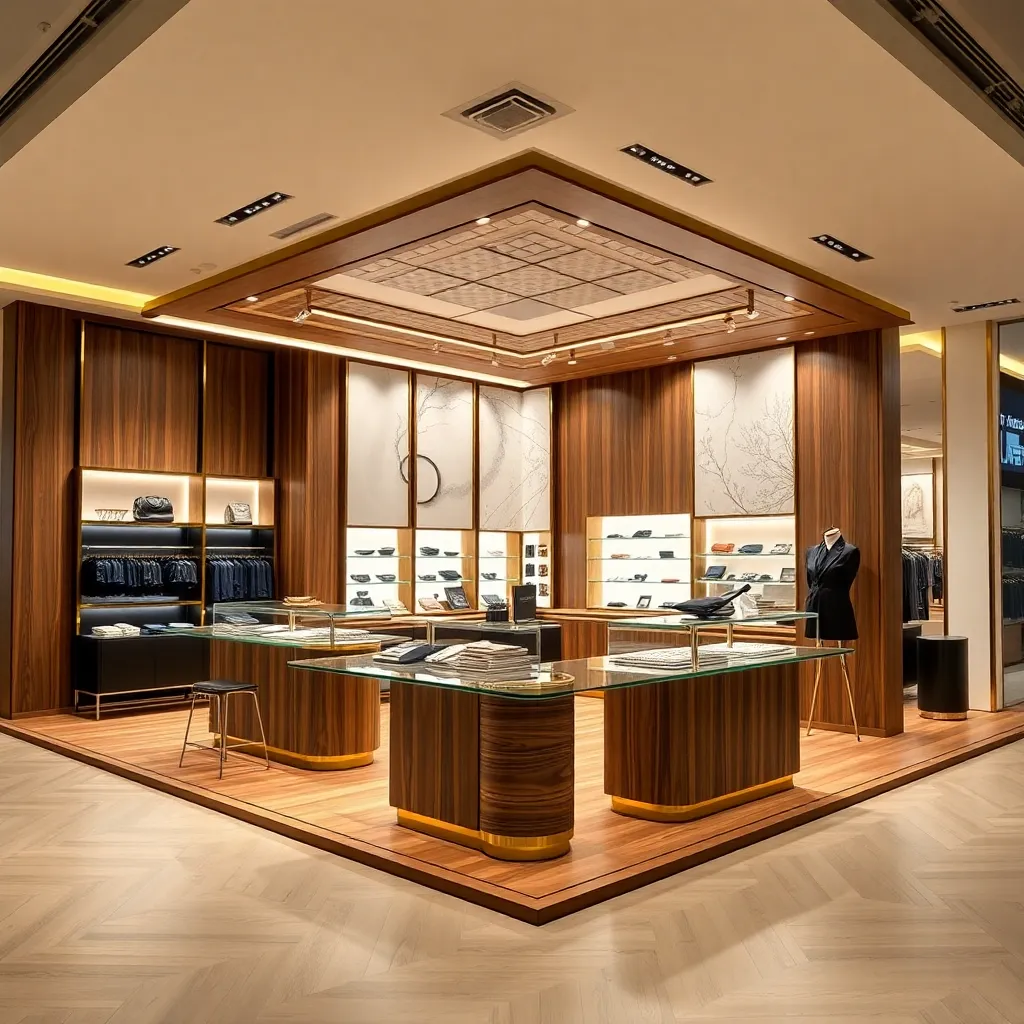 Luxury retail exhibition stall with sleek wood finishes and gold accents