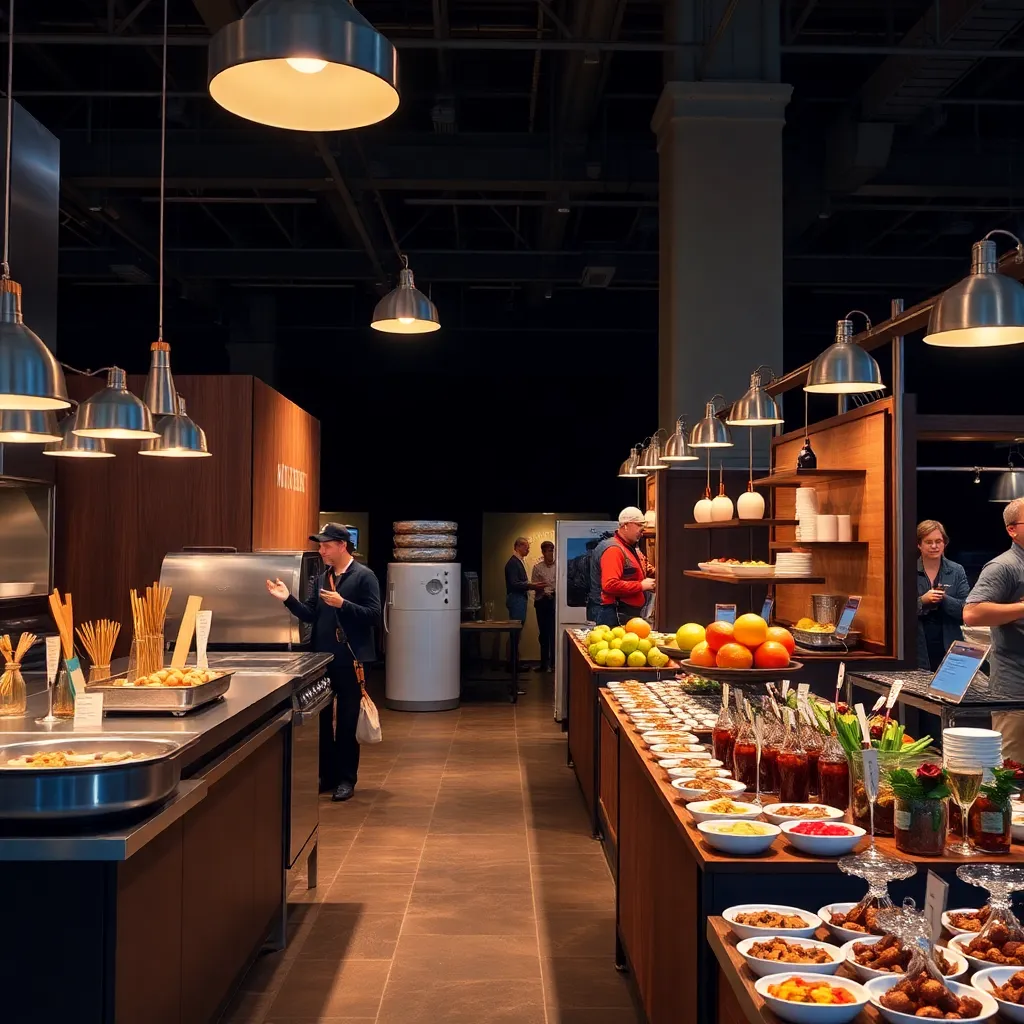 Food and beverage exhibition with commercial kitchen setup and tasting stations
