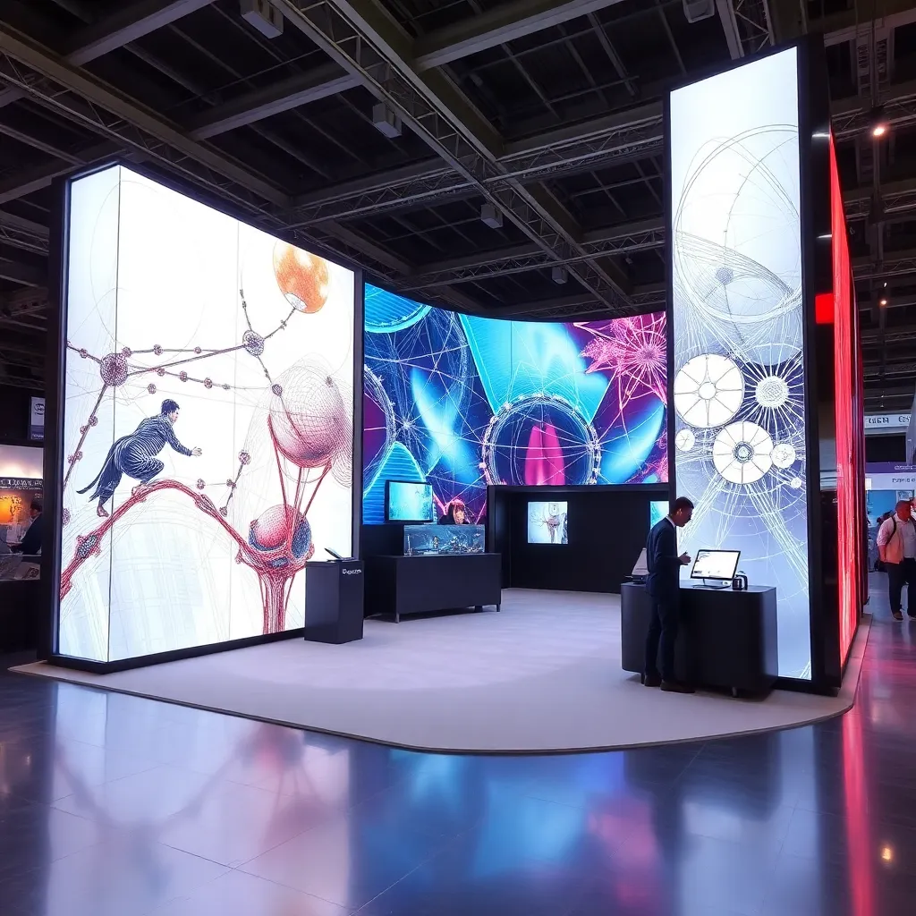 Tech exhibition stall with interactive LED walls and futuristic design
