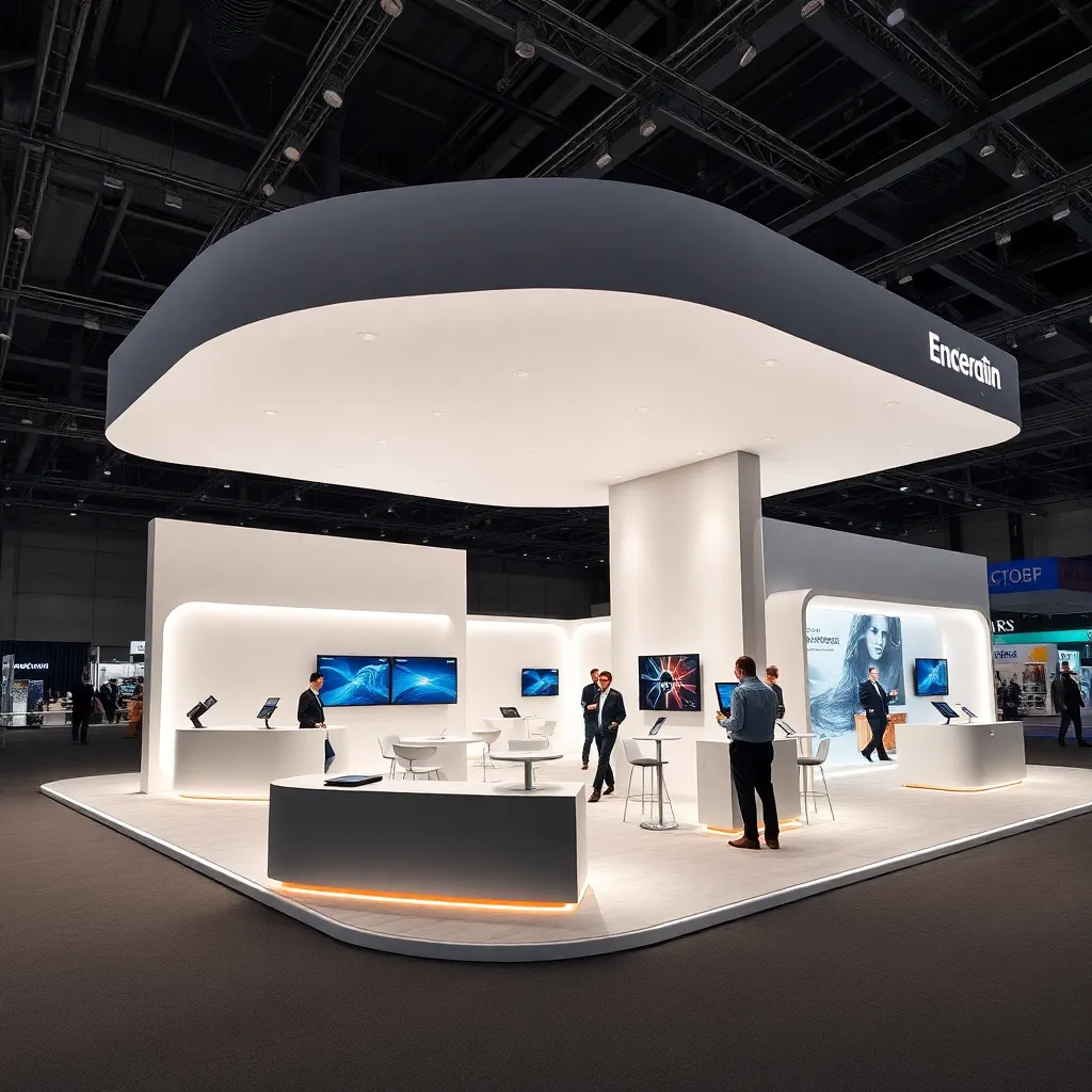Modern exhibition stall with clean lines, LED lighting and interactive displays