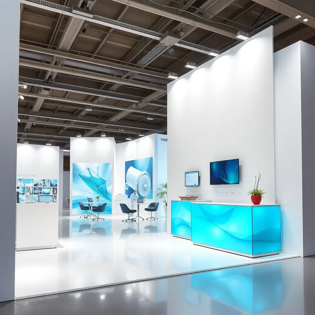Healthcare exhibit with clean white surfaces and medical-themed graphics