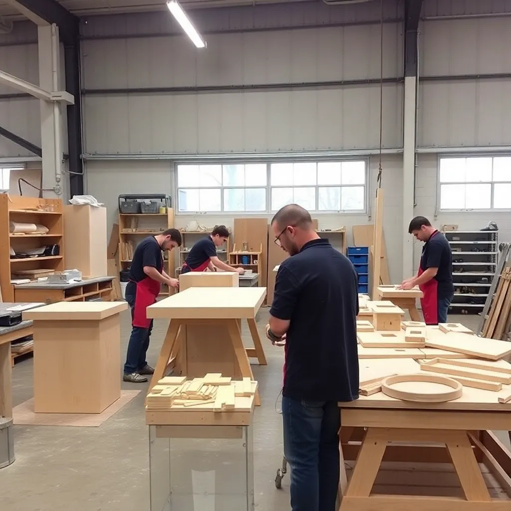Our fabrication workshop with craftsmen working on exhibition stall components